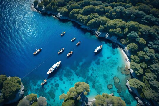 Above, a captivating aerial view reveals a vast expanse of deep blue ocean. Colorful tree boats dot the water's surface, each one a vibrant hue against the rich blue canvas.