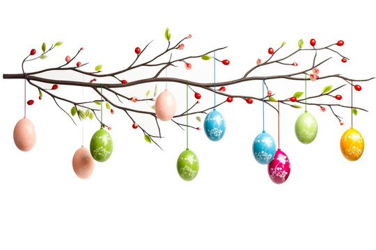 Colorful Easter eggs hanging on blossom branch. Isolated on white background. Spring time Easter holiday site header illustration