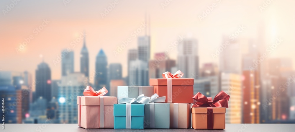 Poster stack of vibrant gift boxes with blurred bokeh background of retail store window display