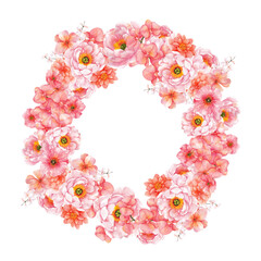 Watercolor hand draw floral wreath with flowers in peach fuzz colors, for wedding invitation, cards, posters, isolated on transparent background, PNG files