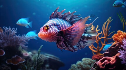  a close up of a fish in an aquarium with a lot of corals and other fish in the background.