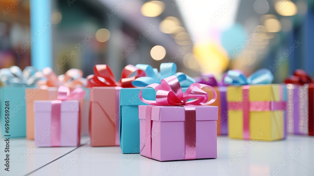 Poster vibrant stack of colorful gift boxes with blurred bokeh background in a retail store window