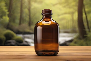 Amber glass bottle, label free, amid natural wood and serene nature backdrop. Organic essence in a captivating visual.