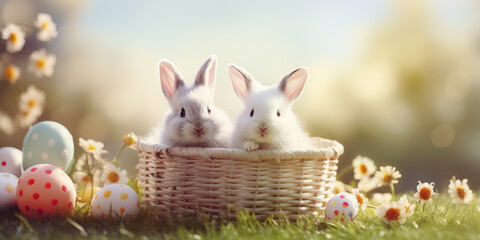 Two adorable white rabbits peer curiously from a wicker basket amidst a serene Easter setting, with pastel-colored eggs and dainty daisies adorning the fresh spring grass