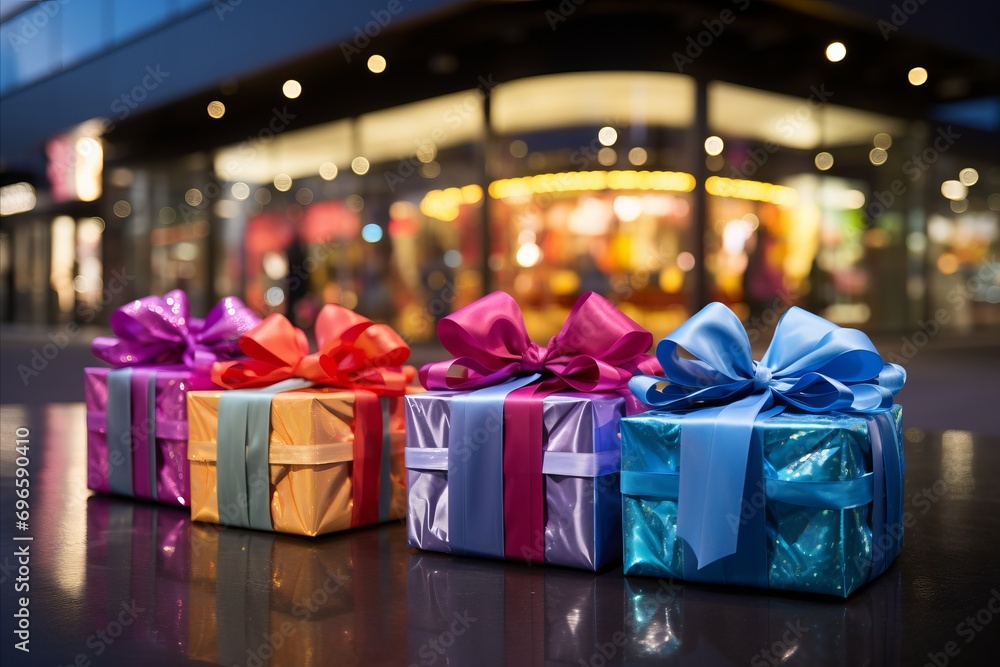 Poster vibrant bokeh blurred background with colorful gift boxes and retail store window display