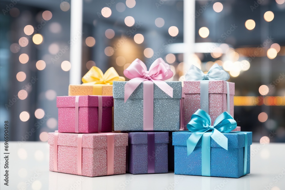 Poster vibrant stack of colorful gift boxes with blurred bokeh background of retail store window