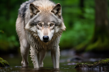 Naklejka na ściany i meble a wet gray wolf lupus hunting in the river