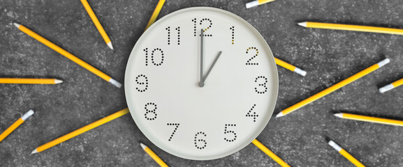 1 o'clock. Banner. Study or business time. Clock  with white clock face on dark background with...