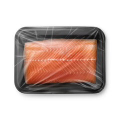 a image of a black plastic tray salmon isolated on a white background