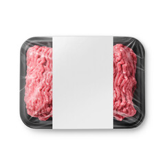 a image of a black plastic tray minced meat with label isolated on a white background