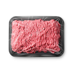 a image of a black plastic tray minced meat isolated on a white background