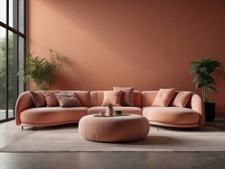 Curved sofa, ottoman and armchair against coral wall with copy space. Japanese style home interior