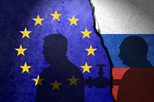 EU and Russia flags painted on the concrete wall. Viktor Orban and Hungary relations with Europe Union