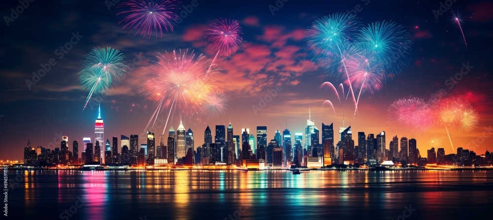 Poster blurred bokeh effect colorful fireworks display exploding in night sky with blurred city skyline