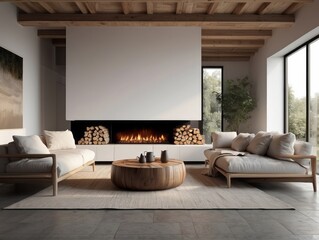 White sofa with blanket and wooden coffee table against fireplace with firewood stack