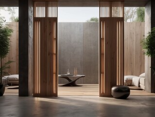 Minimalist interior design of modern rustic entrance hall with with abstract wooden room divider