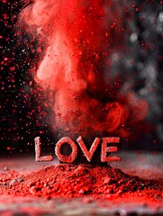 Word LOVE made of red chalk, red particules alphabet letters for love. Showing exploding, beautiful romantic emotion. Black background.