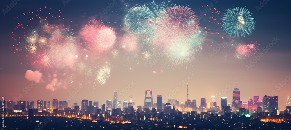 Poster blurred bokeh effect colorful fireworks display exploding in night sky with blurred city skyline