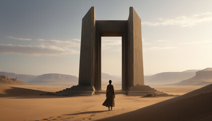 Woman in a dress standing before ancient ruins in the desert at sunset.