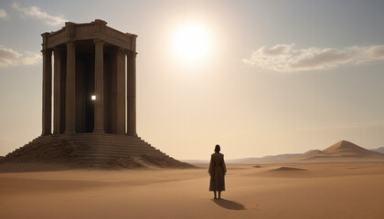 Woman in a dress standing before ancient ruins in the desert at sunset.