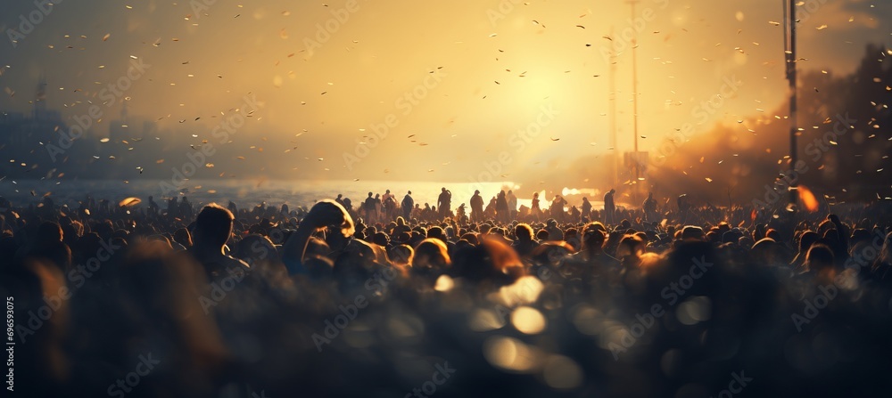 Wall mural Blurred bokeh effect  colorful lights at music festival with live band performing on stage