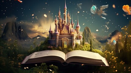 Fairytale concept, with open book and fairy tale castle 