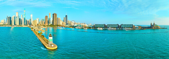 Aerial Chicago Skyline with Lighthouse and Navy Pier Panorama