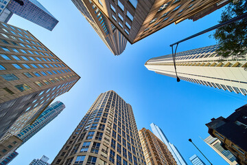 Fototapeta na wymiar Upward view of Chicago skyscrapers stretching toward clear blue sky, architecture, travel, tourism