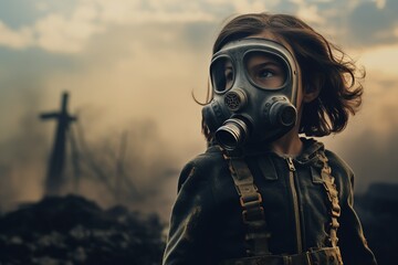 Little girl wearing gas mask
