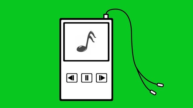 video drawing animation icon black and white music player, with musical notes sign. Drawn in black and white. On a green chroma key background