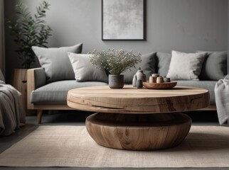 Fototapeta na wymiar Rustic round wood table near sofa with grey pillows. Scandinavian home interior