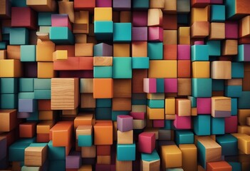 Abstract geometric rainbow colors colored 3d wooden square cubes texture wall background banner