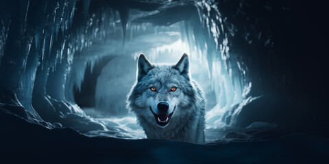 Lobo cinzento selvagem entrando em uma caverna de gelo - Papel de parede - obrazy, fototapety, plakaty