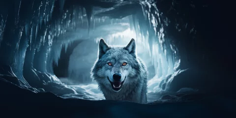 Fotobehang Lobo cinzento selvagem entrando em uma caverna de gelo - Papel de parede © vitor