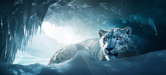 leopardo das neves selvagem entrando em uma caverna de gelo - Papel de parede - obrazy, fototapety, plakaty