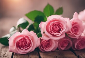 Happy Mothers Day background vintage - Bouquet of pink roses on rustic wooden table and two wooden