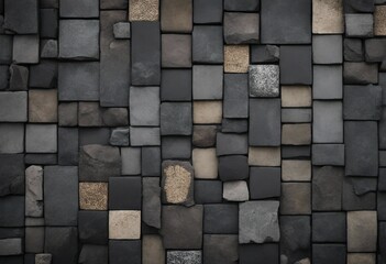 Old black anthracite vintage shabby patchwork mosaic motif tiles stone concrete cement wall texture