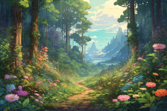 In the middle of a wild forest filled with large green plants and blooming flowers