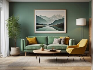 Ellipse table and two chairs near mint sofa against light green wall with art frame poster.
