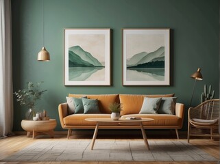 Ellipse table and two chairs near mint sofa against light green wall with art frame poster.