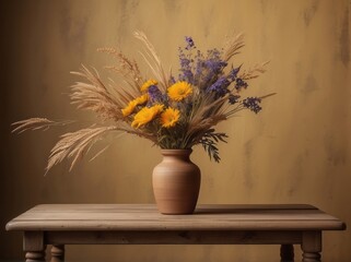 Wooden table with vase with bouquet of dried field flowers near empty, blank mustard wall