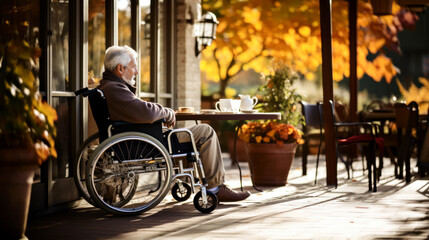 Old man sitting in wheelchair in nursing home - obrazy, fototapety, plakaty