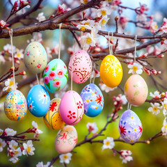 Backyard decoration for easter. Eggs hung on tree branch. Background with colorful easter eggs hanging on blooming plum tree branches outdoor in park or garden - obrazy, fototapety, plakaty