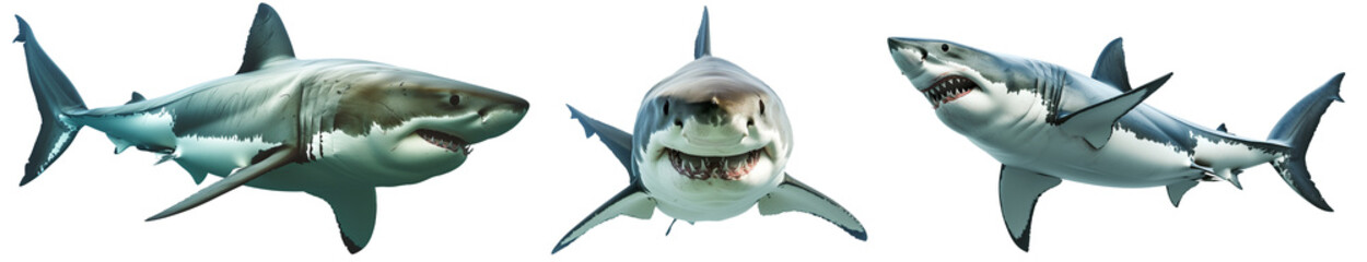 Set of three great white sharks isolated on a white background as transparent PNG
