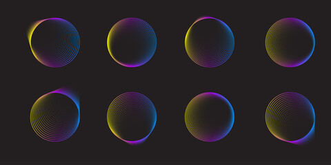 Set of gradient lighting circles isolated on black background. Vector illustration