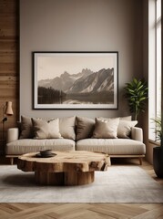 Rustic sofa and live edge coffee table against beige wall with big empty mock up poster frame