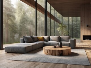 Wooden tree stump coffee tables near grey corner sofa against big panoramic window