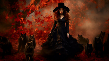 Young witch and pack of wolves in foggy forest