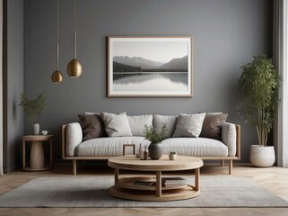 Round wooden coffee table near white sofa against wall with poster frame.