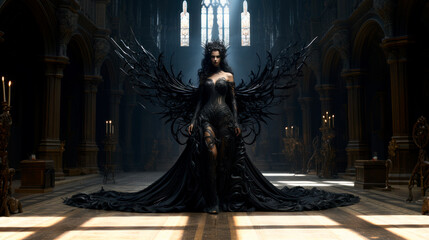 Beautiful dark evil fairy in her castle - obrazy, fototapety, plakaty